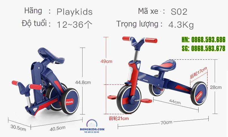 Kích thước Xe đạp ba bánh đa năng cho bé Playkids S02 có cần đẩy