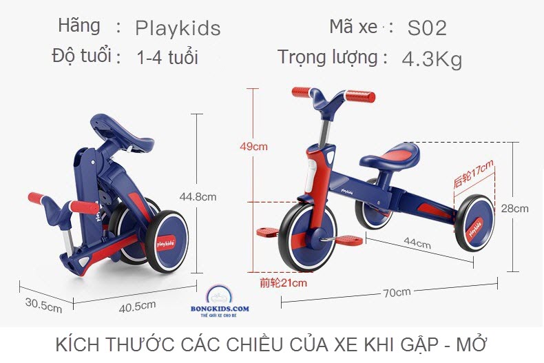 Xe đa năng cao cấp 5 in 1 Playkids S02-3 cho bé từ 1-4 tuổi