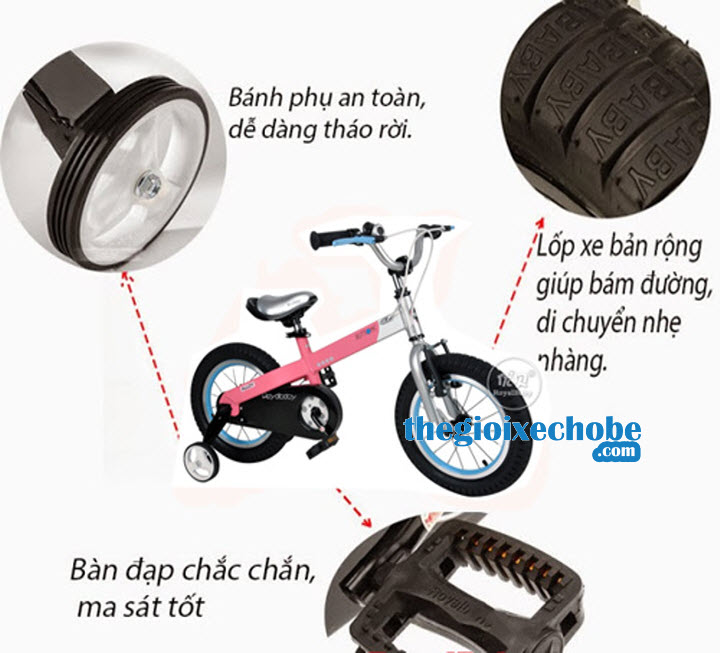 Xe đạp trẻ em RoyalBaby Buttons Aluminum RB-16 có bàn đạp có ma sát tốt, bánh xe to bán đường tốt,bánh phụ an toàn