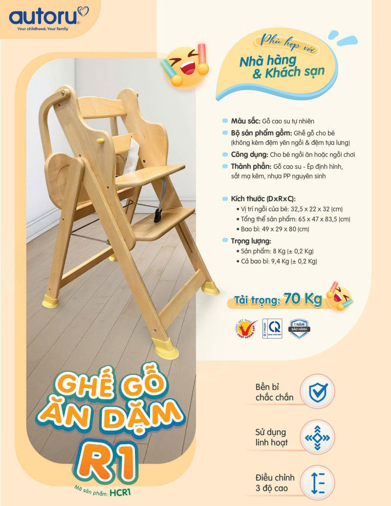 Ghế ăn dặm gỗ cho bé Autoru R1 gập gọn