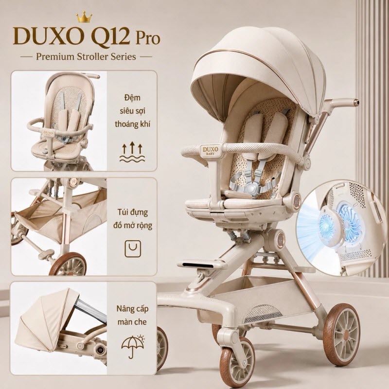 Xe đẩy Duxo Baby Q12 Pro vừa nằm vừa ngồi cho bé sơ sinh - 6 tuổi