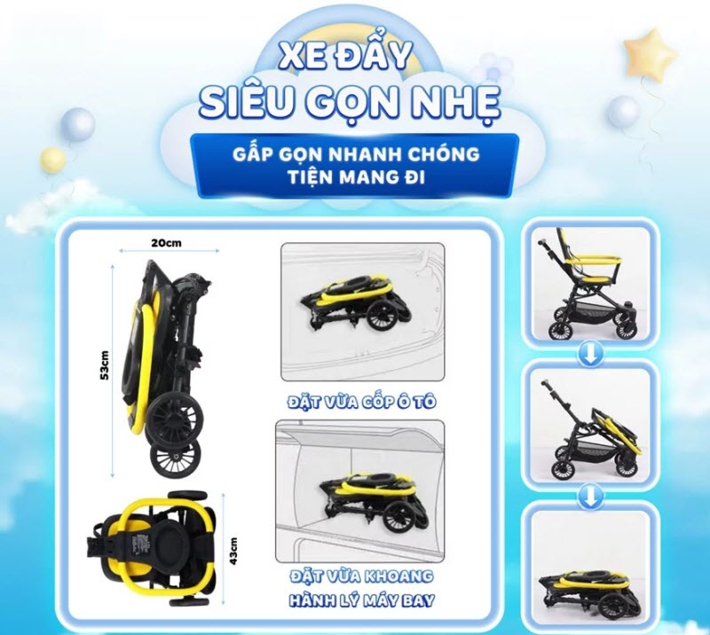 Xe đẩy siêu nhẹ cho bé ngồi đi du lịch, mang lên máy bay Vbaby Q2