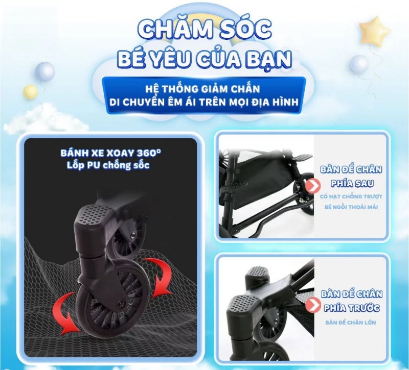 Xe đẩy siêu nhẹ cho bé ngồi đi du lịch, mang lên máy bay Vbaby Q2