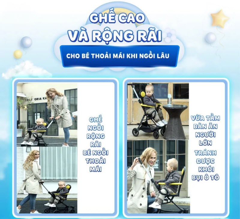 Xe đẩy siêu nhẹ cho bé ngồi đi du lịch, mang lên máy bay Vbaby Q2