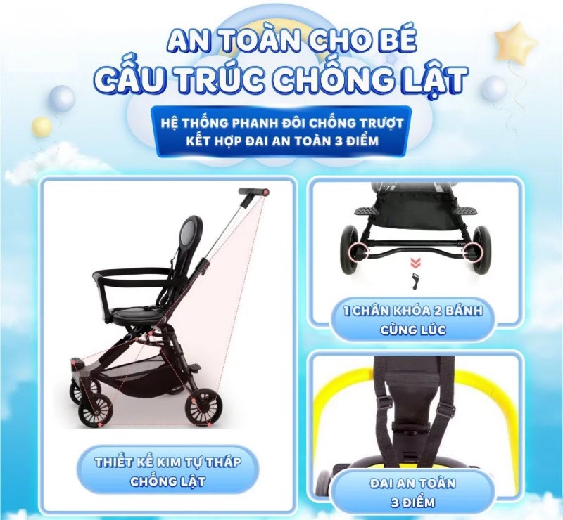 Xe đẩy siêu nhẹ cho bé ngồi đi du lịch, mang lên máy bay Vbaby Q2