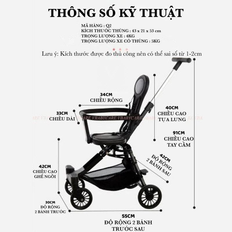 Xe đẩy siêu nhẹ cho bé ngồi đi du lịch, mang lên máy bay Vbaby Q2