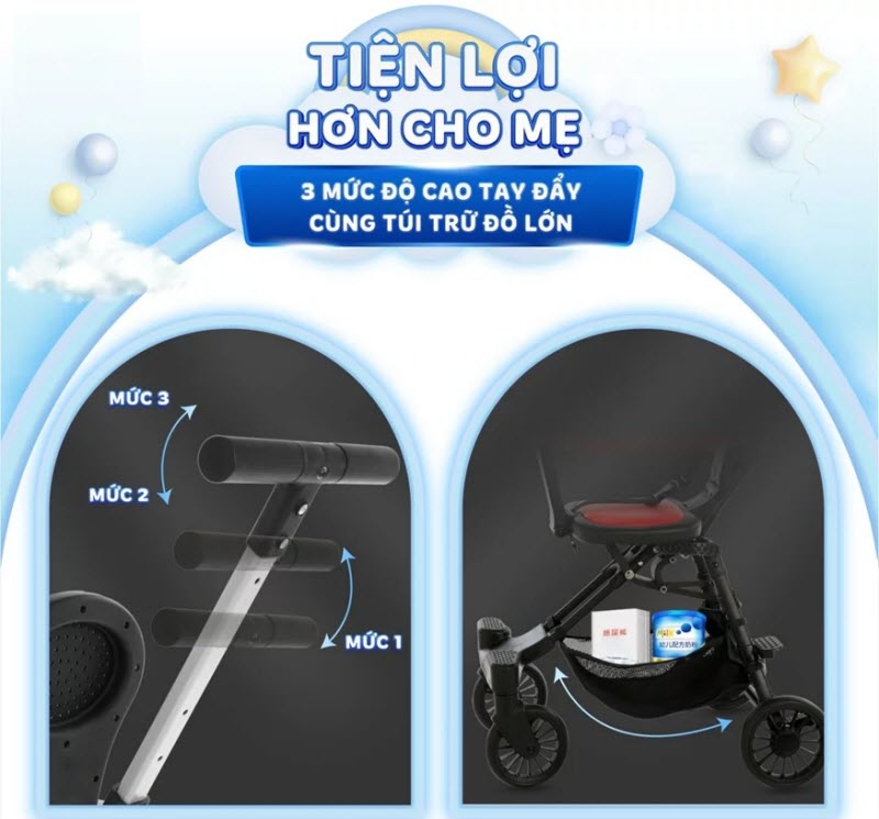 Xe đẩy siêu nhẹ cho bé ngồi đi du lịch, mang lên máy bay Vbaby Q2