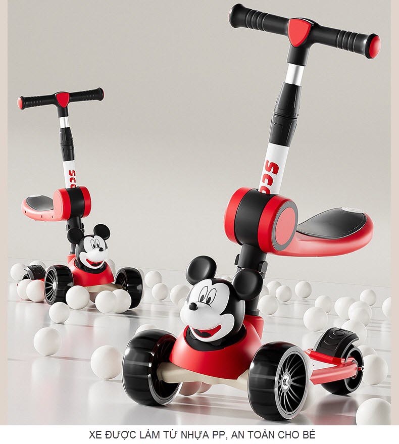 Xe scooter có ghế ngồi cho bé chòi chân và trượt đầu Mickey