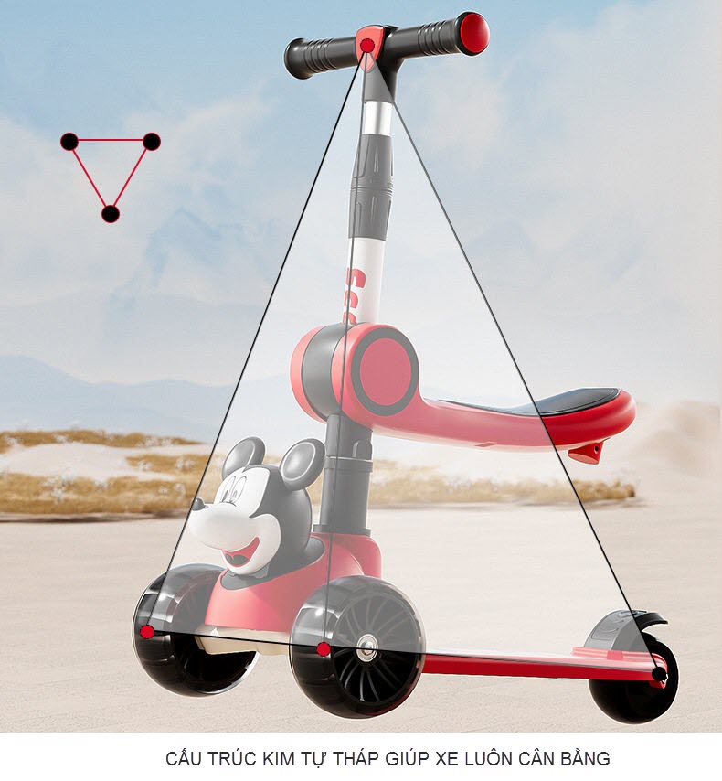 Xe scooter có ghế ngồi cho bé chòi chân và trượt đầu Mickey