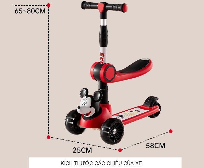 Xe scooter có ghế ngồi cho bé chòi chân và trượt đầu Mickey