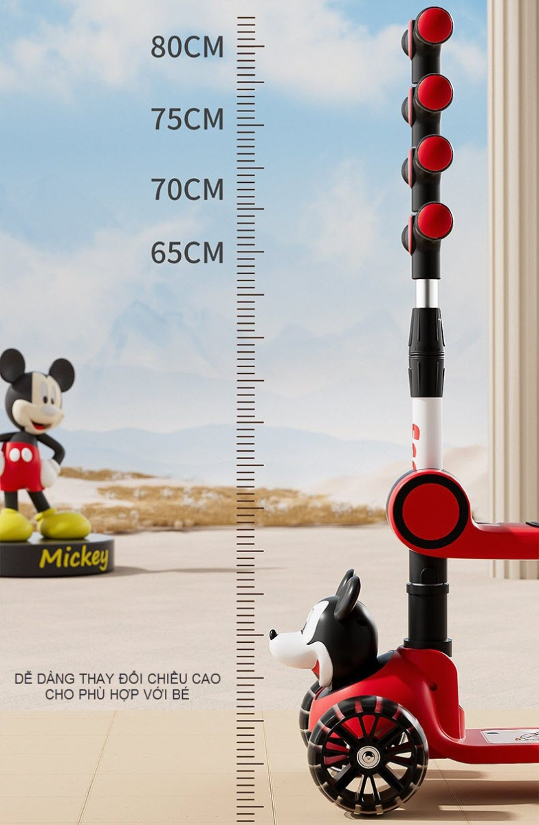 Xe scooter có ghế ngồi cho bé chòi chân và trượt đầu Mickey