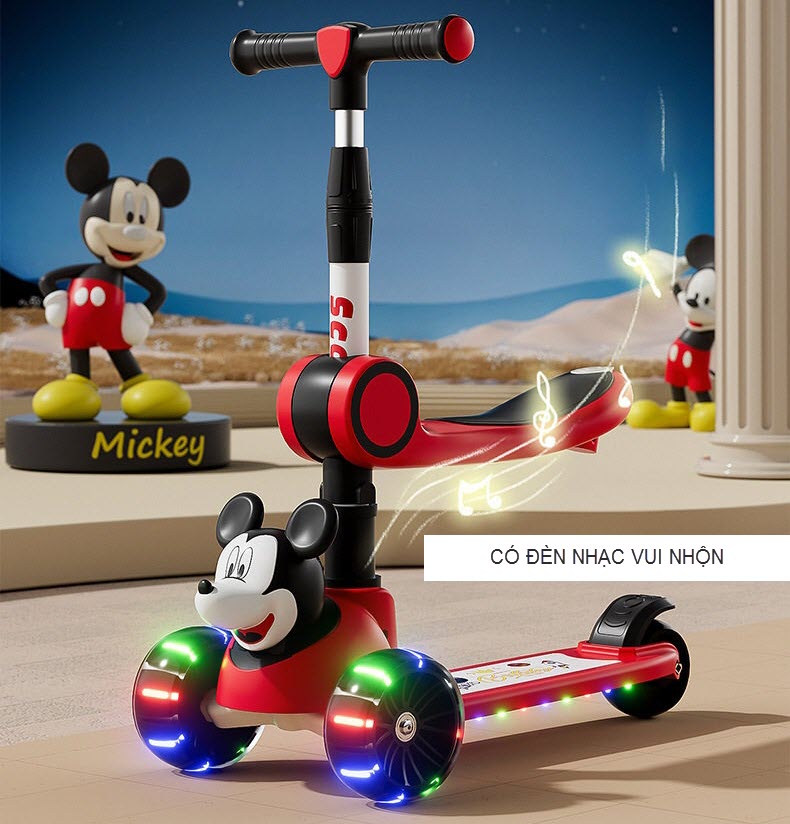 Xe scooter có ghế ngồi cho bé chòi chân và trượt đầu Mickey