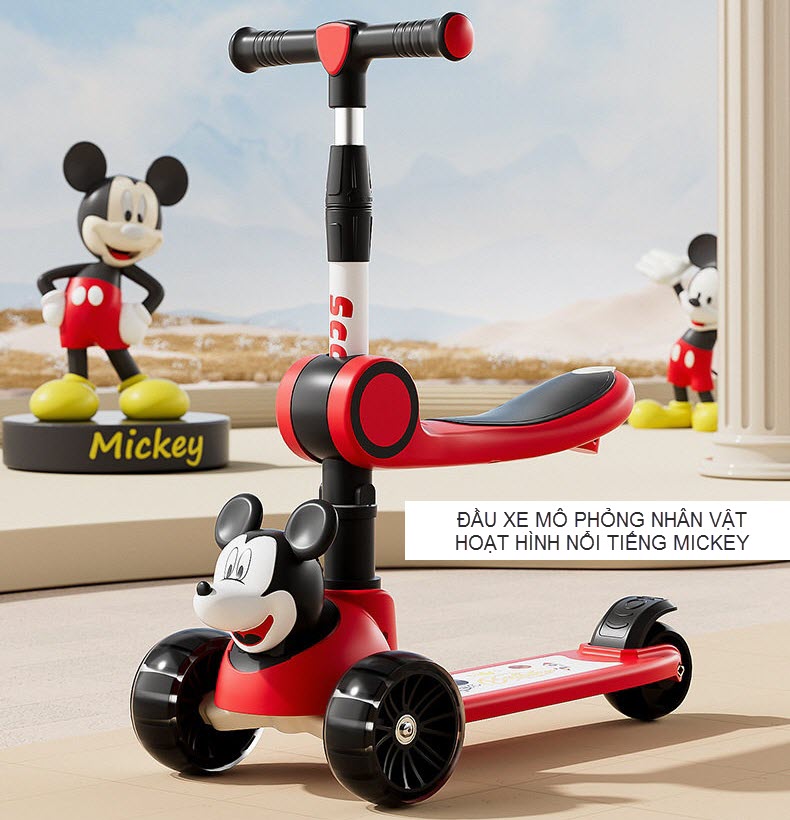 Xe scooter có ghế ngồi cho bé chòi chân và trượt đầu Mickey