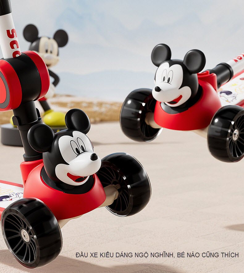 Xe scooter có ghế ngồi cho bé chòi chân và trượt đầu Mickey